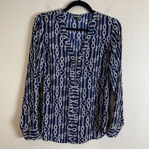 Express Womens Medium Navy White Rope Print Roll Tab Sleeve Blouse V Neck Shirt